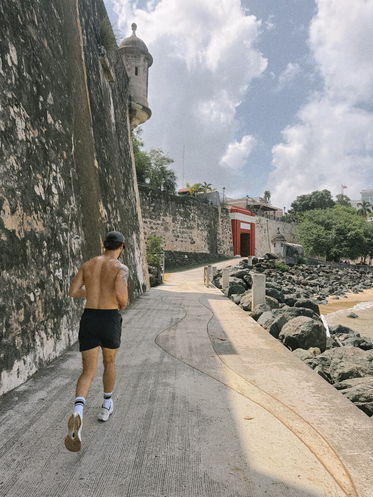 A morning run along the old fort wall, a sentry box above the sea