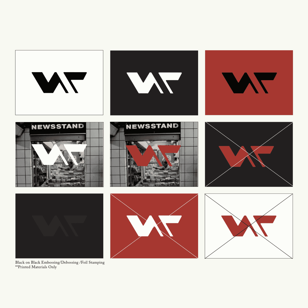 Logo system across colorways, with embossing and foil stamping specs for print